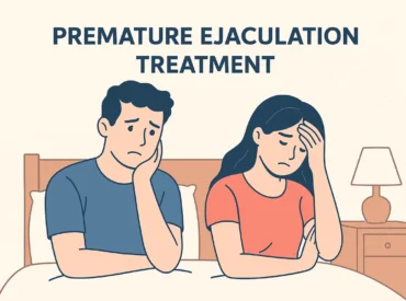 Illustration of a worried couple sitting on a bed, representing emotional stress and relationship concern related to premature ejaculation, with text ‘Premature Ejaculation Treatment’ above them
