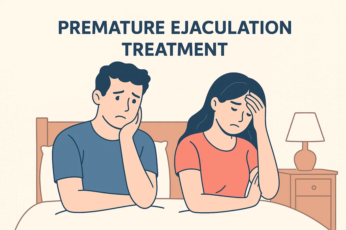 Illustration of a worried couple sitting on a bed, representing emotional stress and relationship concern related to premature ejaculation, with text ‘Premature Ejaculation Treatment’ above them